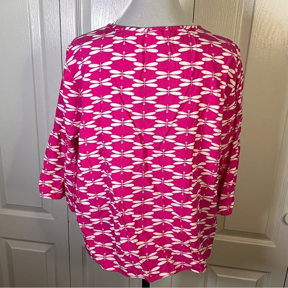 Pappagallo Sz L Pink White Dragon Fly Bell Sleeve Blouse Top Tunic Beach Resort - Picture 6 of 13